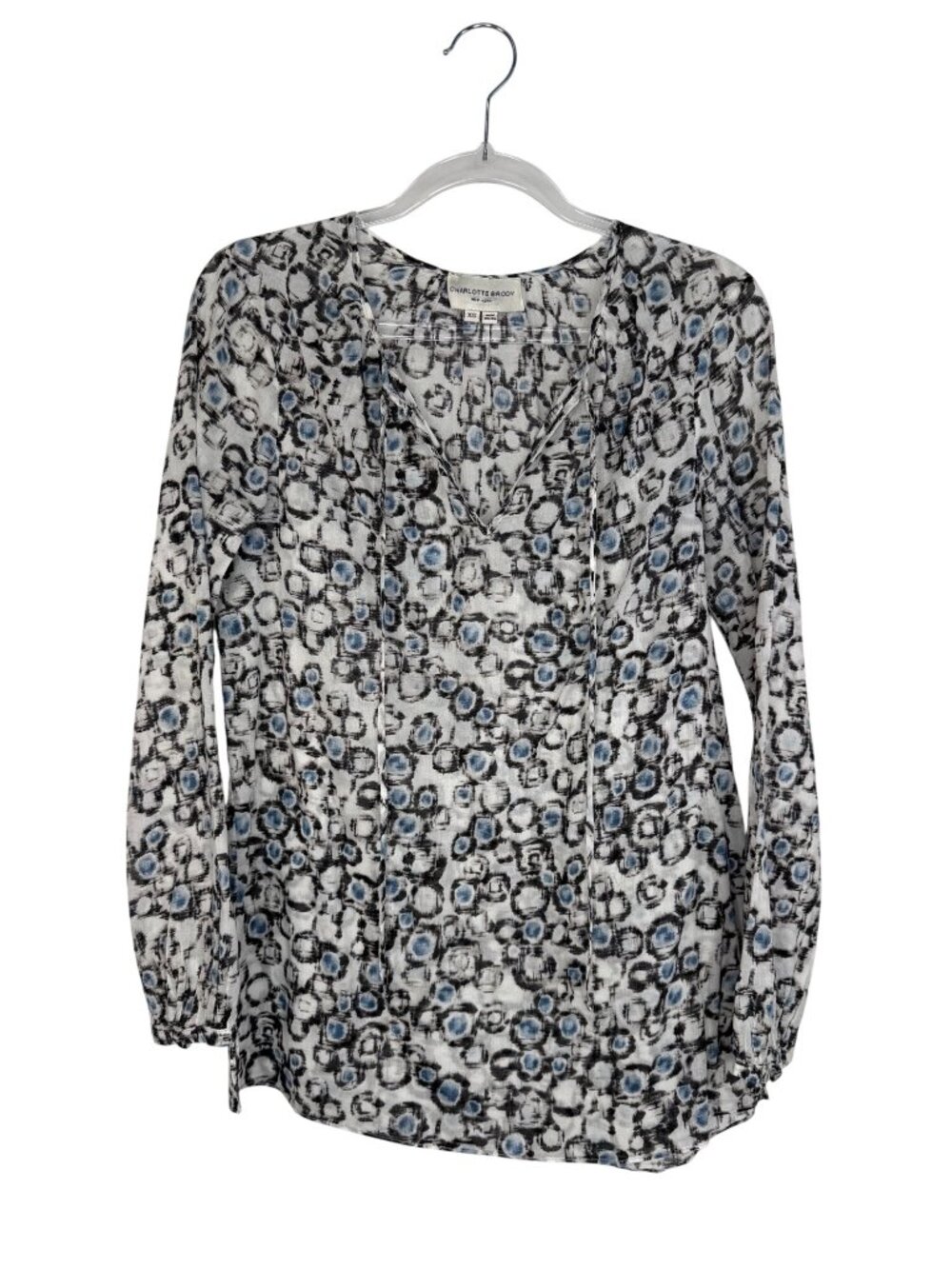 Charlotte Brody Blouse Batik Geometric Circular Print White Blue & Black X-Small